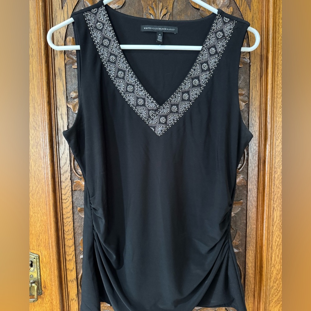 White House Black Market Black Embellished V-Neck Top
